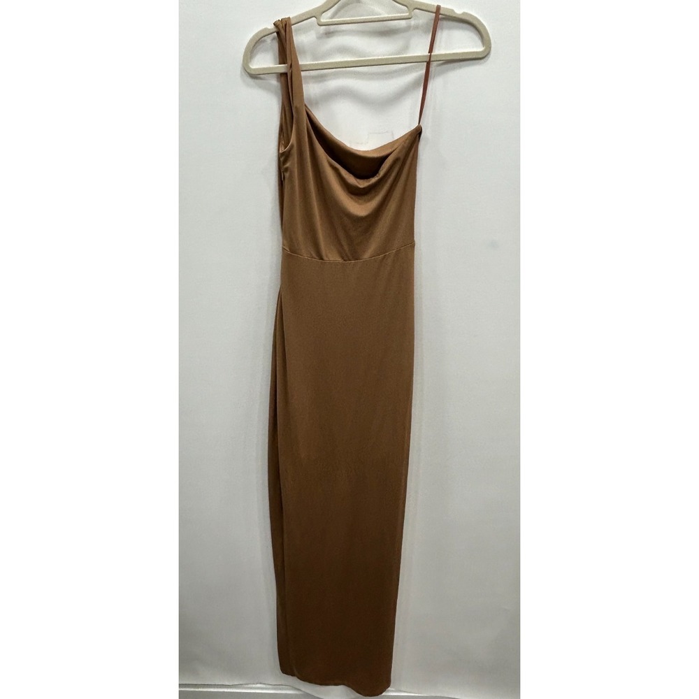 Superdown Womens XS Satin Asymmetric Strap Maxi Dress Brown Back Cut Out Evening